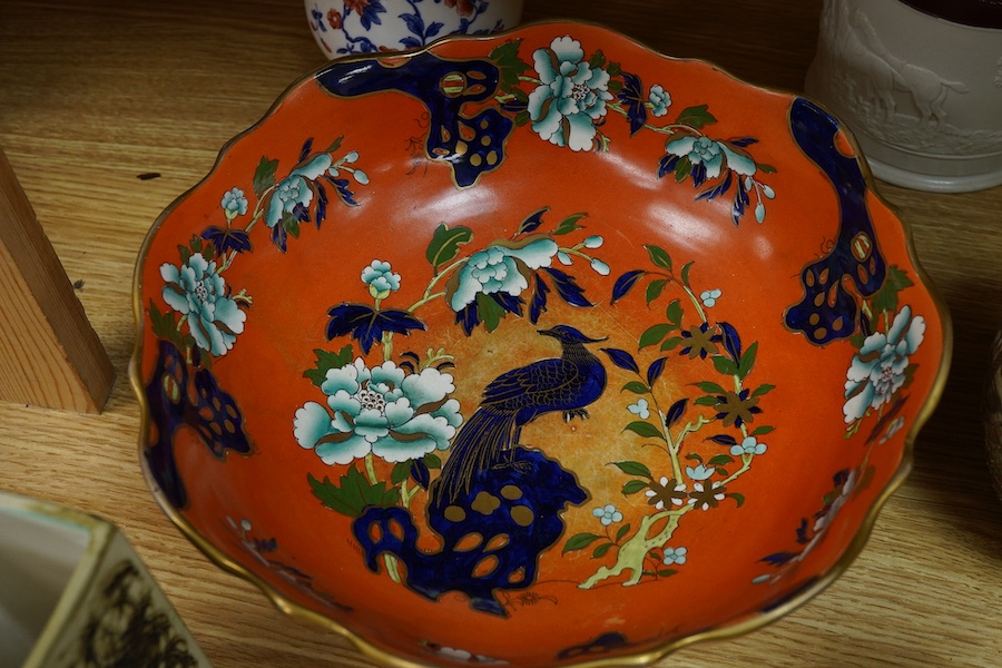 A group of mixed ceramics to include a Mason’s ironstone bowl, Davenport white stoneware mug, Wedgwood black basalt jug etc.